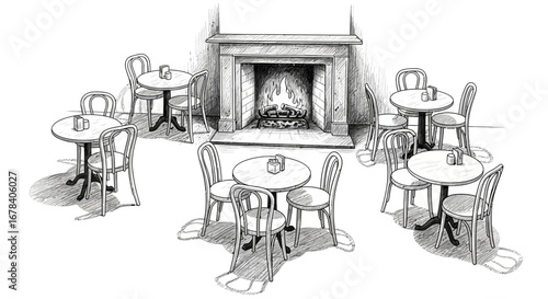 Hand drawn illustration of a cozy restaurant interior with a fireplace