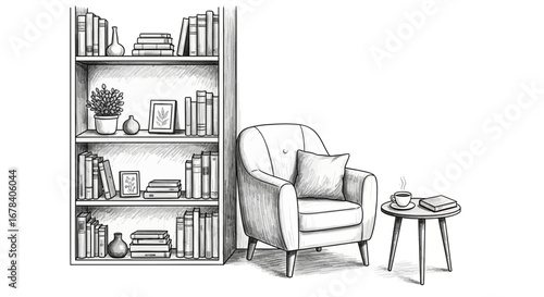 Hand drawn interior scene featuring bookcase, armchair and coffee table