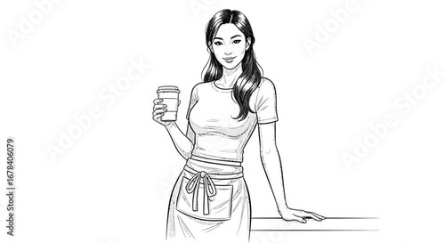 Hand drawn sketch of a young barista woman holding a cup of coffee