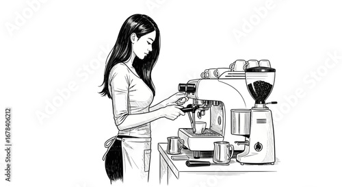 Illustration of a barista preparing coffee with professional equipment
