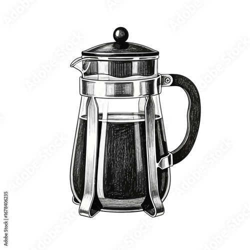Illustration of a sleek glass and metal coffee press with dark coffee inside