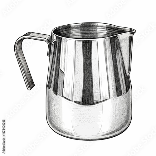 Illustration of a stainless steel milk pitcher on a white background