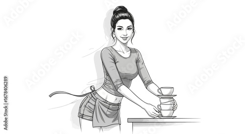 Illustration of a young waitress carrying a stack of coffee cups gracefully