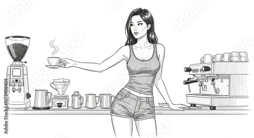 Line art drawing of a woman barista offering a cup of coffee gracefully