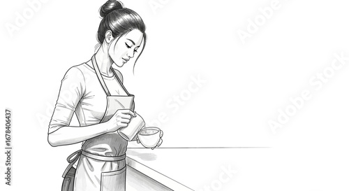 Line art illustration of a barista preparing coffee with delicate precision