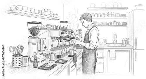 Line art illustration of a barista preparing coffee in a cafe setting