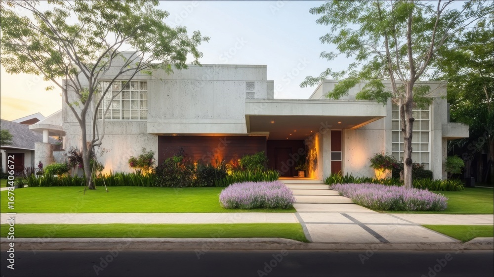 Obraz premium Modern minimalist residential building with sharp lines and flat roof, large rectangular windows, recessed entrance,