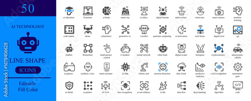 Vector art of set of 50 editable line shape icons representing artificial intelligence and future technology