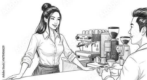 Monochromatic hand-drawn depiction showcasing a barista and coffee shop scene