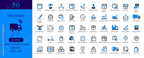 Vector art of delivery icons set with truck, box, package, shipping, transport, service, logistic, fast, online, order, business