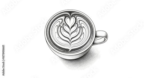 Monochromatic latte art sketch showcases a heart design in a coffee cup