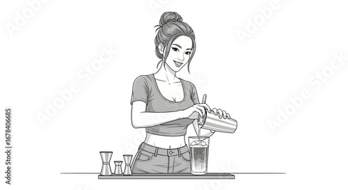Monochromatic illustration of a female bartender crafting a drink with ice