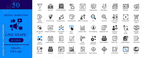 Vector art of digital marketing icons set with business, online, internet, media, social, network, communication, technology, web, design