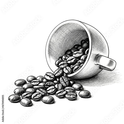 Monochrome drawing depicting coffee beans spilling from a tilted cup