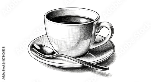 Monochrome drawing of a coffee cup with spoon, rendered in detailed hatching