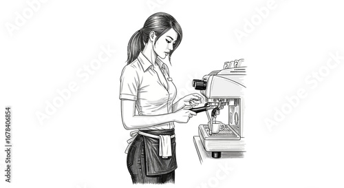 Monochrome illustration depicting a woman crafting espresso beverage