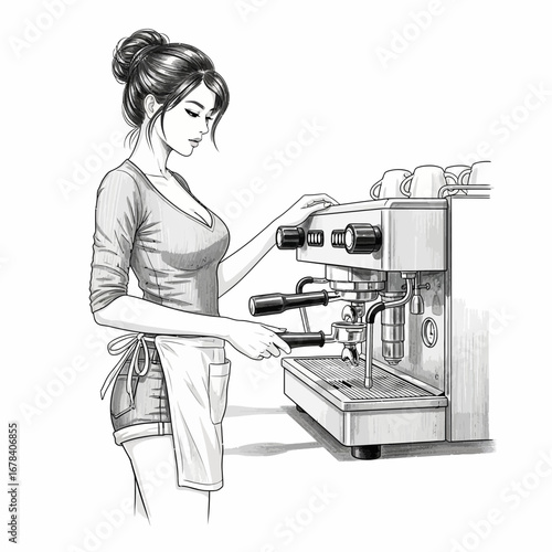 Monochrome illustration of a barista preparing coffee beverage order