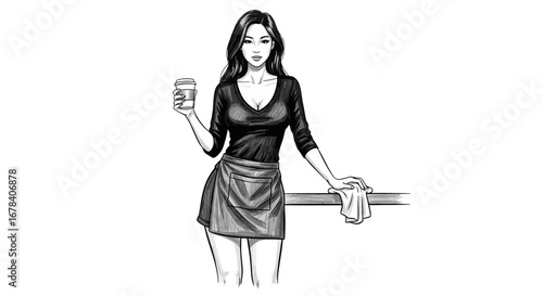 Monochrome illustration of a barista woman with coffee and cleaning cloth