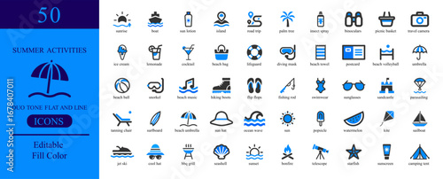 Vector art of collection of 50 summer activities icons representing beach vacations and outdoor recreation