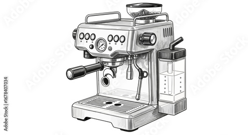 Monochrome rendition of an advanced espresso maker, featuring an integrated grinder