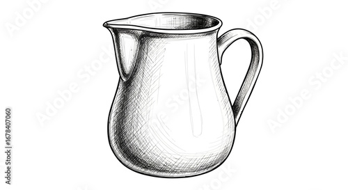 Monochrome Sketch of Pitcher with Handle for Beverage Service, Isolated