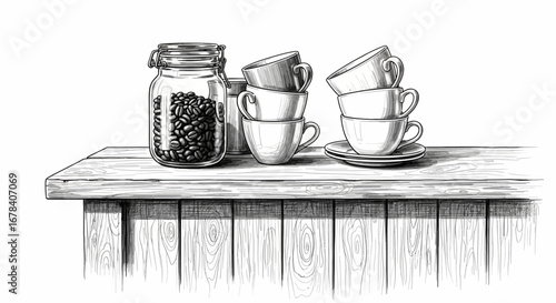 Monochrome Still Life with Coffee Beans and Stacked Tea Cups on Rustic Table