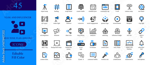 Vector art of collection of 45 editable vlog and influencer icons representing social media marketing