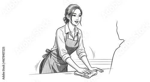 Sketch of a woman in an apron cleaning a surface for a customer service scene