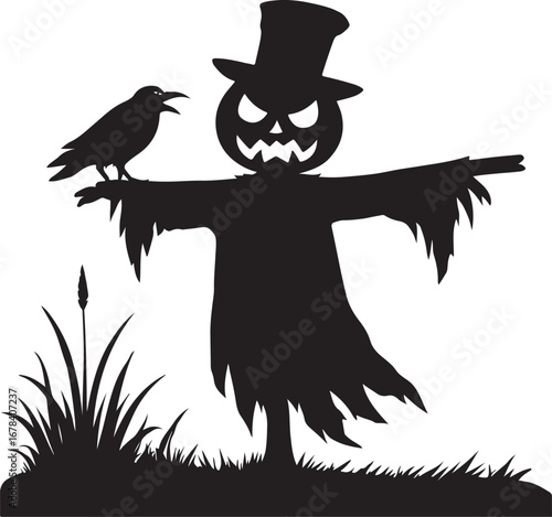 Spooky Halloween scarecrow crow and silhouette