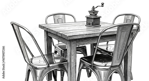 Sketch of rustic dining arrangement featuring coffee grinder centerpiece
