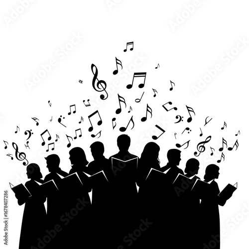 Harmonious choir of singers performing with musical notes flowing upwards a vibrant celebration of sound