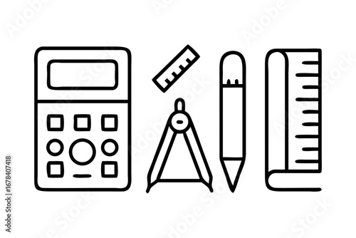 Illustration of calculator, ruler, compass, pen, and scroll