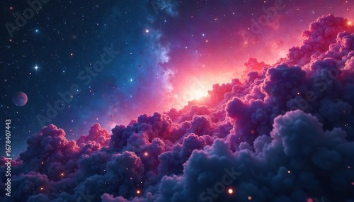 Mesmerizing cosmic dust and gas illuminated by distant starlight, creating a breathtaking celestial landscape  Perfect for astronomy, space exploration, and fantasy themes ,  artwork,  starlight