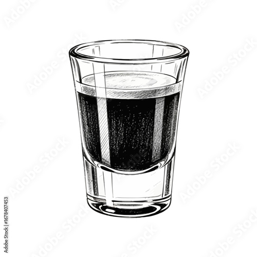 Stylized dark beverage in small glass for advertising and print media