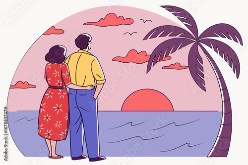 Couple enjoying a breathtaking sunset over the ocean, with a palm tree silhouetted against the sky, evoking feelings of peace and romance on a tropical vacation