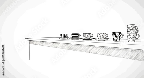Stylized Hand-Drawn Illustration of Cups and Saucers on a Tabletop