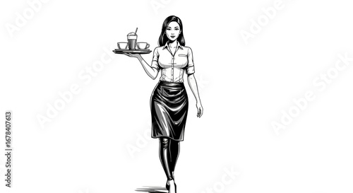 Stylized monochrome waitress carrying a tray with beverages design element