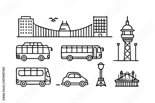Vector art of cityscape with buildings, bridge, bus, car, and lantern