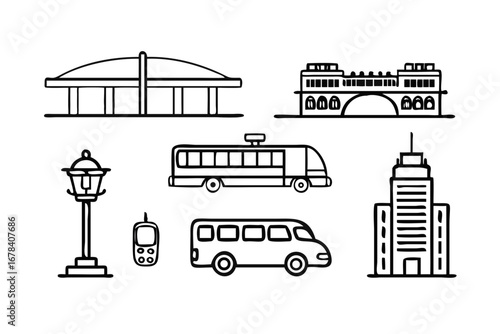 Vector art of cityscape with buildings, bus, van, lantern, and phone