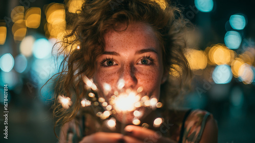 Smiling woman holding a sparkler at night
