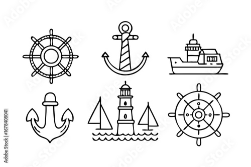 Vector art of nautical elements, such as anchor, ship and wheel