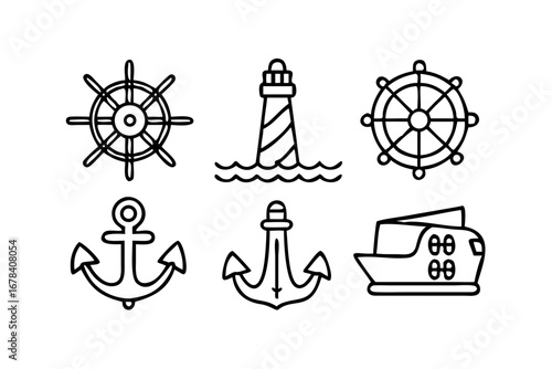 Vector art of nautical elements, such as anchor, ship and lighthouse