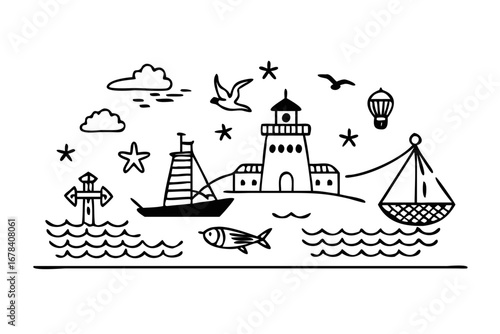 Vector art of nautical landscape with lighthouse, boat, sea, and sky