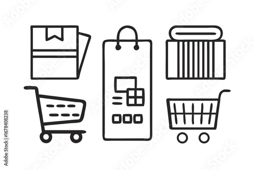 Vector art of shopping bag, box, roll of fabric and shopping cart