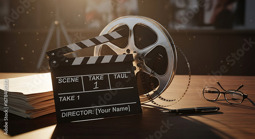 Professional filmmaking setup with clapperboard, film reel, script, and glasses on a wooden desk