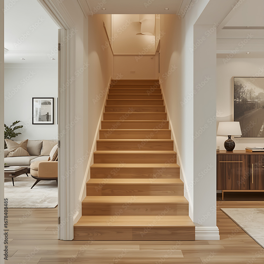 Fototapeta premium The apartment room is furnished with modern, bright, and cozy interiors, and includes general cleaning, home decoration, and preparation for sale, including stairs and steps.