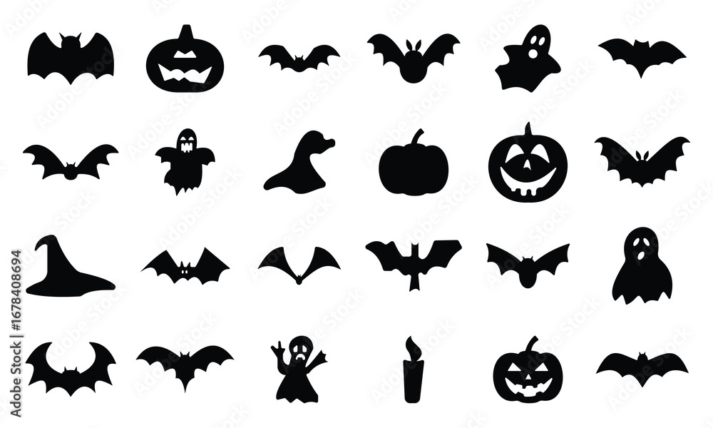 Naklejka premium Set of silhouettes for Halloween icons vector illustration. Halloween icons and silhouettes isolated on white background. 