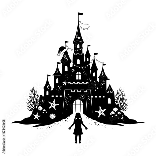 Magical Christmas castle silhouette with child waiting at gateway, festive lights, Santa hat