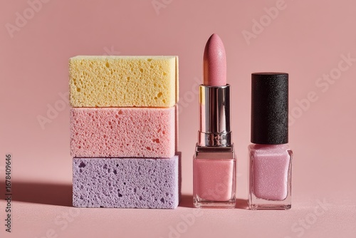 Pastel makeup items on a pink backdrop