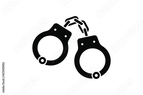 Iconic black silhouette of handcuffs connected by a chain on a white background